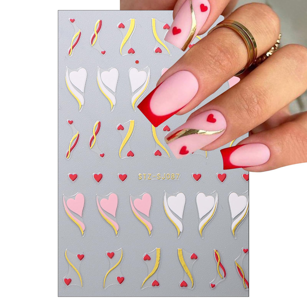 6pcs Valentine's Day Nail Art Stickers 3D Heart Shape Self-Adhesive Cute Bear White Red Pink Love Heart Design Nail Decals Gold Curve Design Nail Decals Suitable for Women Girls Nail Art Decoration