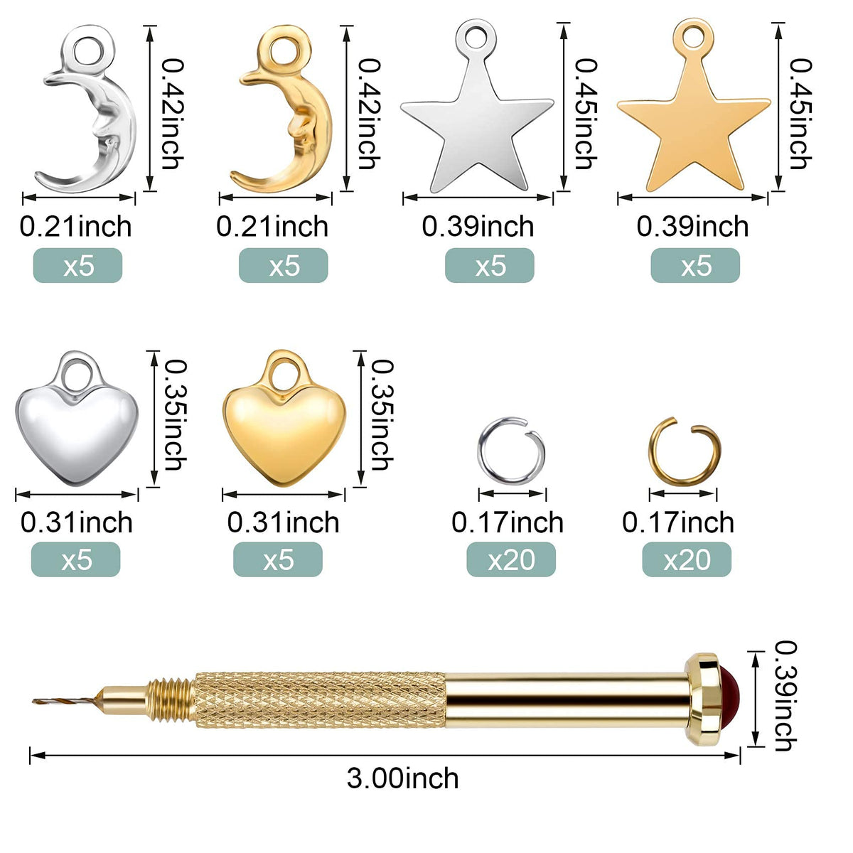 PAGOW 71 PCS Dangle Nail Art Charms, Nail Jewelry Rings with Nail Piercing Tool Hand Drill for Tips, Acrylic, Gels and Decorations