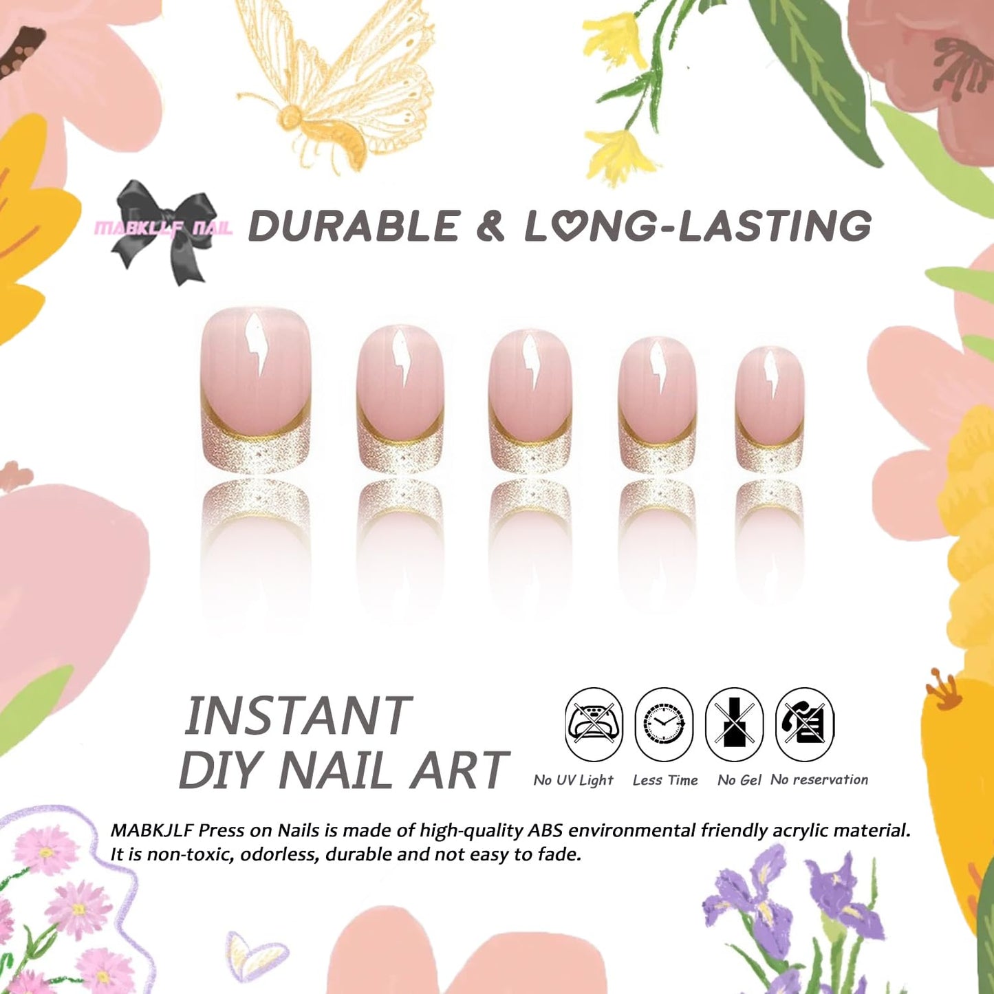 French Tip Press on Nails Medium Square MABKJLF Nude Pink Fake Nails False Nails with Designs Glittery Natural Nails Full Cover Glossy Glue on Nails Acrylic Nails for Women Girls 24Pcs
