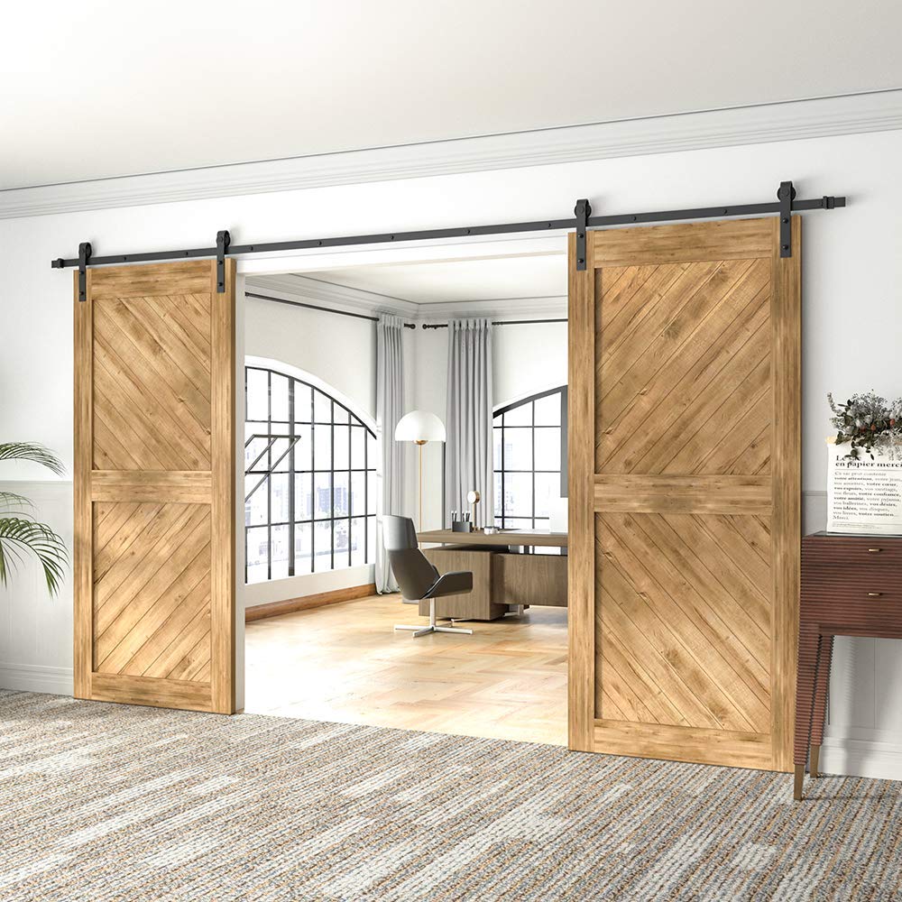 WINSOON 16FT Barn Door Hardware Kit: Double Sliding Door Hardware - Heavy Duty Black Barn Door Track Kit - Carbon Steel Sliding Barn Door Rail - J-Shape Easy to Install for 96" Closet Panel(No Door)