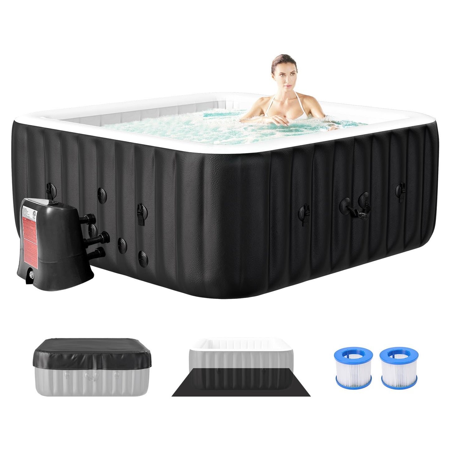 Inflatable Hot Tub, 240 Gal Large Square Portable Blow Up Hot Tub, 4-6 Person Leak-Proof PVC Outdoor Spa with 120 Air Jets, Heater Pump and Insulated Cover, 73x25 Inch