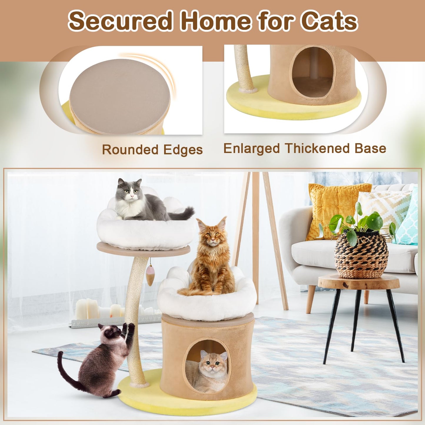 PETSITE 33 Inch Cute Cat Tree, Modern Cat Tower with Sisal Scratching Post, Cat Condo, Interactive Teasing Toy, 2 Removable and Washable Top Perches, Small Cat Tree for Indoor Cats