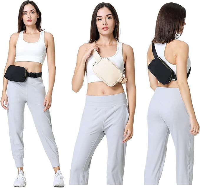 VOROLO Fanny Pack Crossbody Bag For Women And Men Belt Bag Gift For Women Bum Bag with Adjustable Strap for Sports Black+Beige