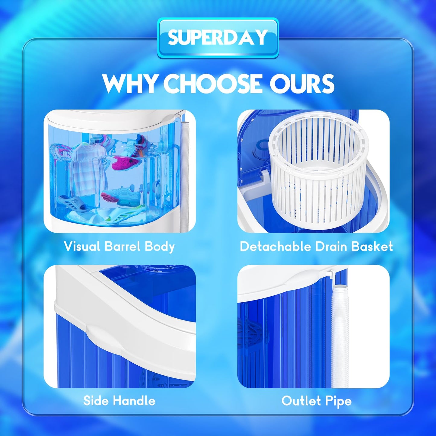 Superday 11LBS Portable Washing Machine, Single Tub Compact Washing Machine with Spin Cycle& Blue Light, Mini Washing Machine for Shoes&Clothes, Portable Washer for Home, Apartments, Outdoor, RV, Blue