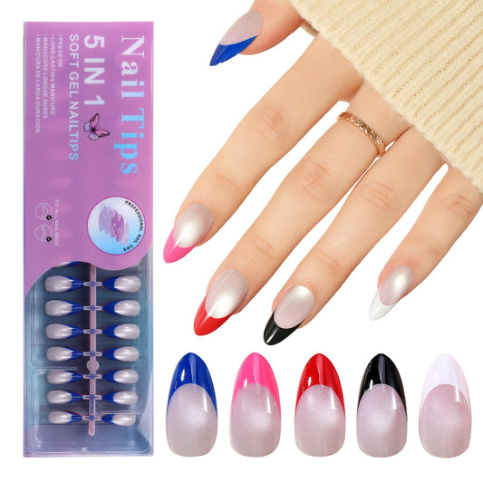 Jellyqueen Cat Eye French Gel Press on Fake Nail Tips, 150Pcs Medium Almond Nail Tips, Multicolor Soft Gel Tips Press on Nails Fake Nails for Nail Art DIY 15 Sizes (A16-04-01 French cat eye)