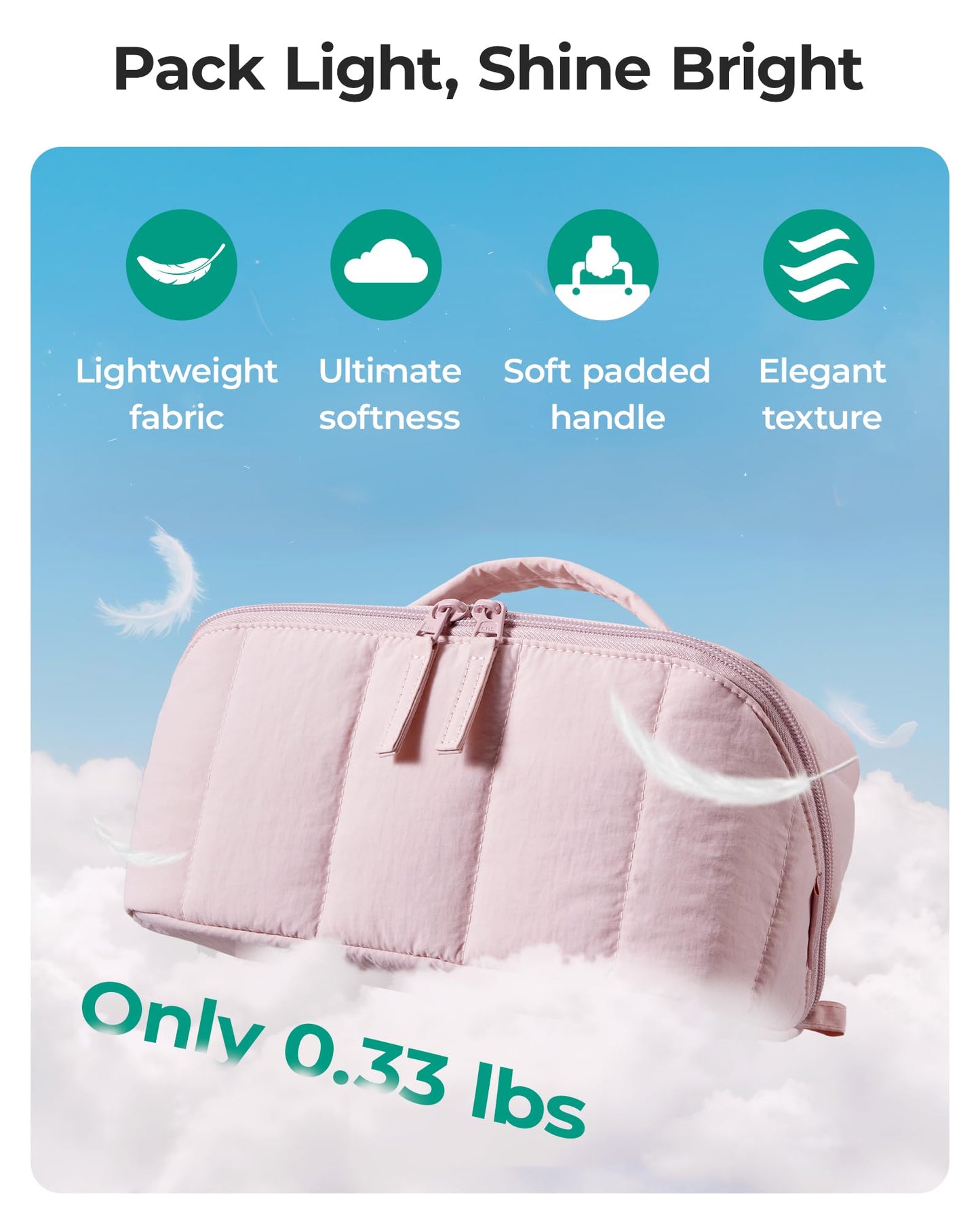 BAGSMART Travel Makeup Bag for Women, Portable Water-resistant Cosmetic Case, Puffy Padded Make Up Organizer Pouch, Open Flat Toiletry Bag for Toiletries, Brushes, Light Beige