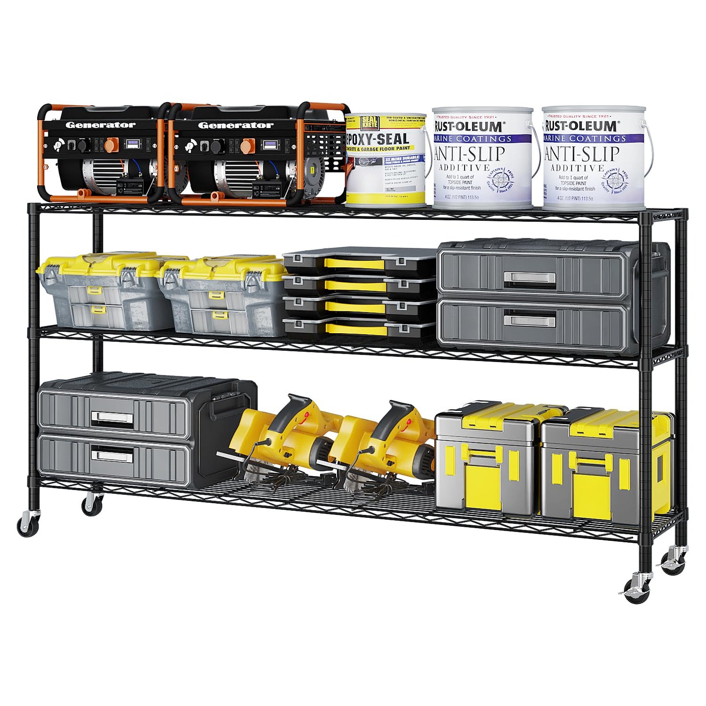 Flibaluly 150x45x213cm Industrial 6-Shelf Garage Storage Cabinet, Adjustable Utility Shelves with Casters, Powder-Coated Black Iron Heavy Duty Display Stand for Warehouse, Pantry, and Retail
