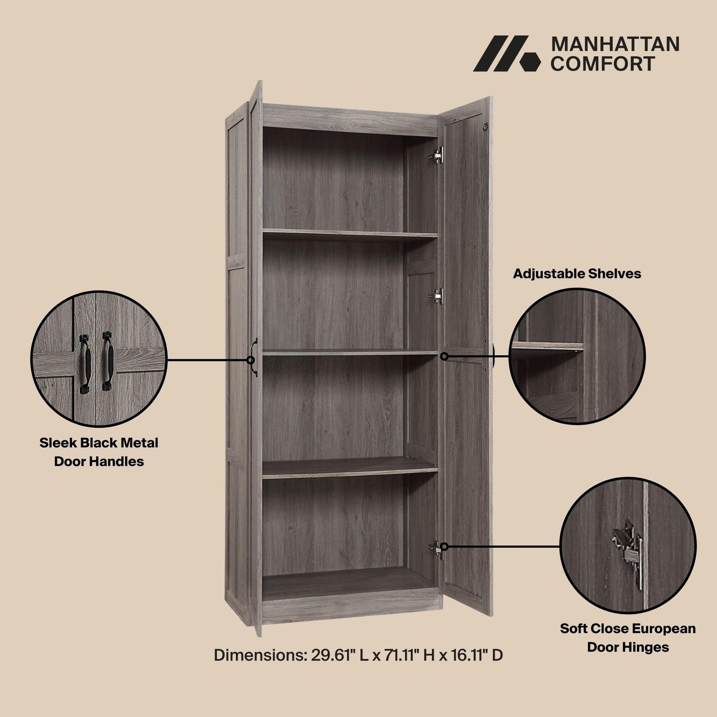 Manhattan Comfort Cornelia Modern Storage Cabinet with Doors and Shelves 2.0 - Tall Freestanding Wardrobe Closet with 4 Adjustable Cubbies for Bedroom or Linen Use, Set of 1, Grey