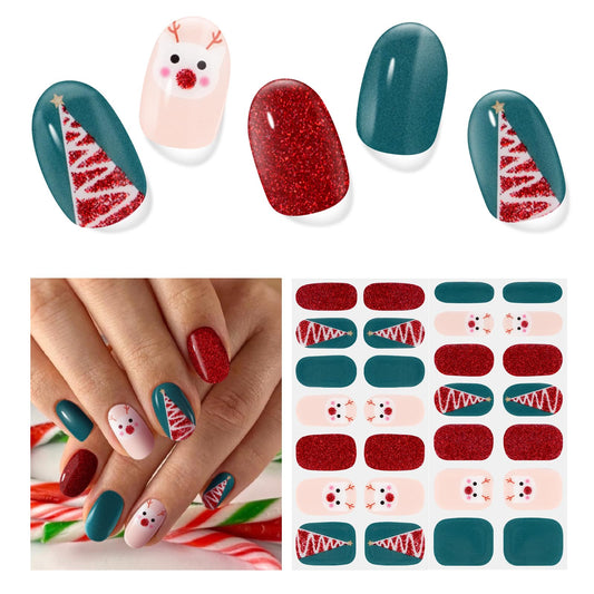 DUKASOU Semi Cured Gel Nail Strips,28 pcs Christmas Nail Stickers for Women,Long Lasting Gel Strips with Any UV Light,Red Green Christmas Sticker for Nails Easy to Apply