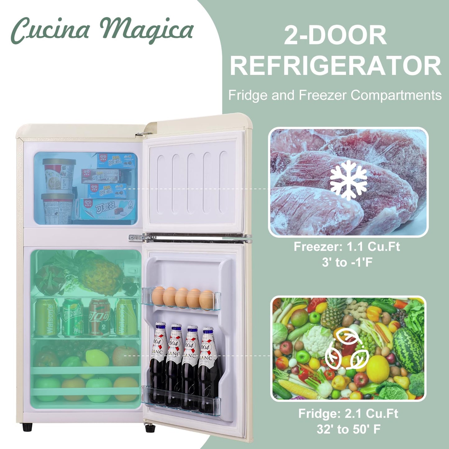 Cucina Magica Mini Fridge for Bedroom, 3.2 Cu.Ft Mini Fridge, Retro Refrigerator with Adjustable and Removable Double Doors, Suitable for Office, Bedroom, Dormitory or Cabin, Blue