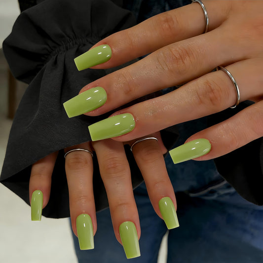 SXVME Press On Nails Long Square - Olive Green Press on Nails with Glue for Women, Natural Simple Fake Nails Press ons Medium, Glossy Soft Gel Glue on Nails Coffin, Reusable Nail Stick Ons, 24 Pcs