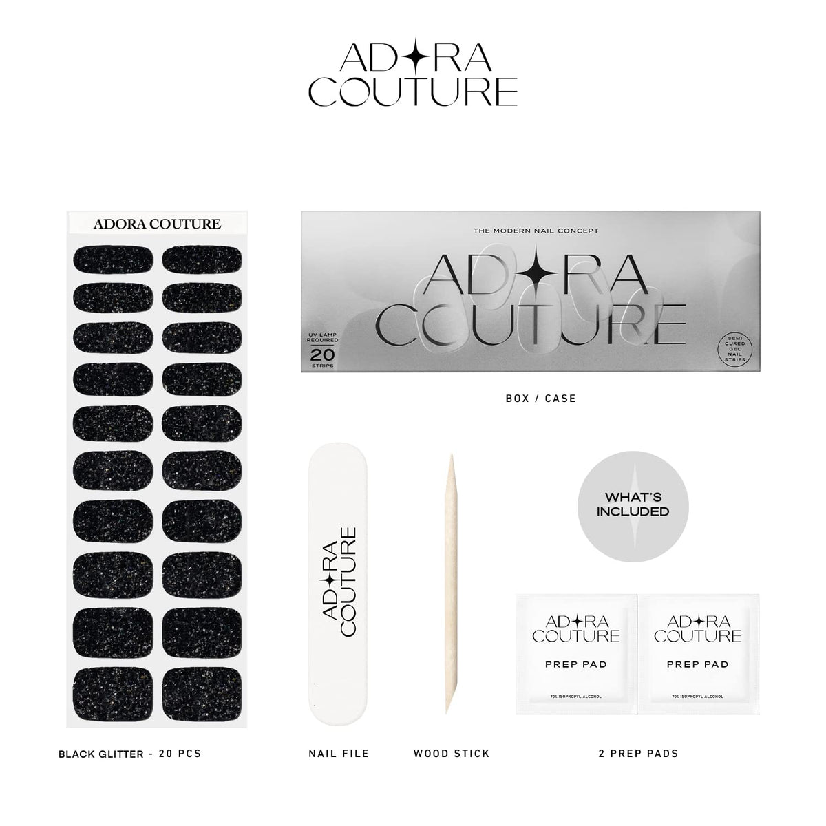Adora Couture Semi Cured Gel Nail Strips with 20 Pieces - UV Gel Stickers, Manicure Kit, Easy Application Wraps Includes Prep Pads, Nail File, Wooden Stick - UV Light Required (Black Galaxy)