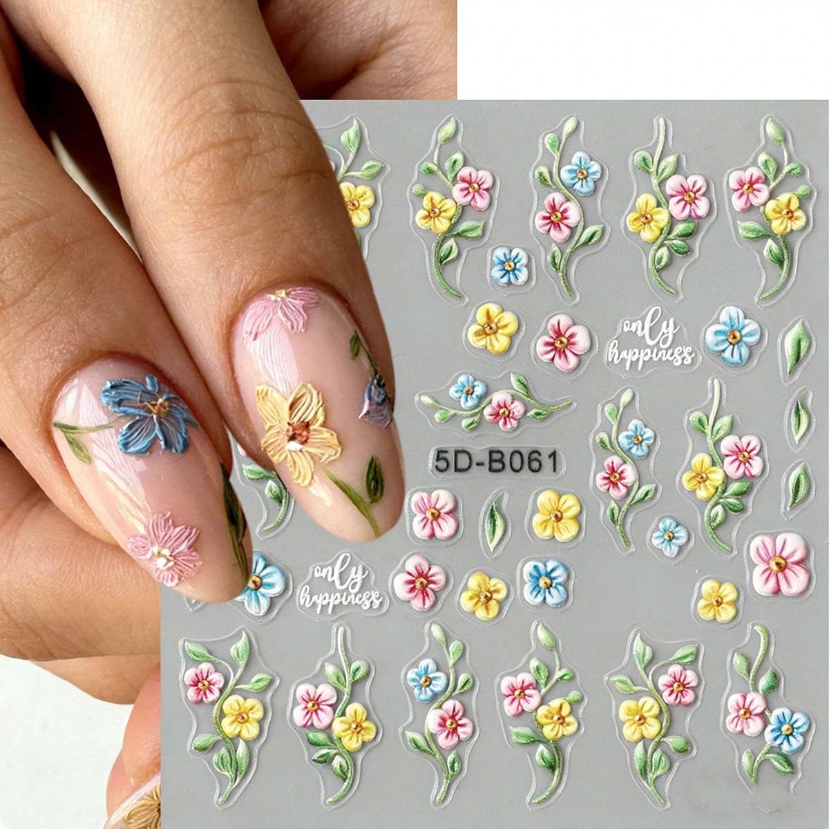 3 Sheets Flower Nail Stickers Green Leaf Nail Decals 5D Self-Adhesive Yellow Blue Pink Floral Nail Art Stickers Spring Summer Nail Decoration for Women DIY Manicure Supplies