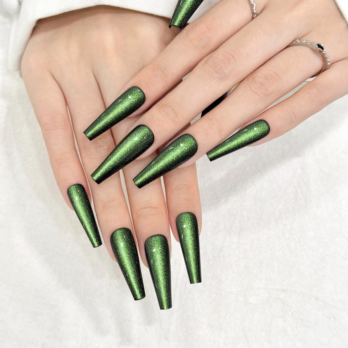 Green Cat Eyes Press On Nails,12 Sizes - 24 Pcs Soft Gel Green Long Coffin Fake Nails Kit with Nail Glue, Natural Reusable Stick On False Nails for Women and Girls SK1043