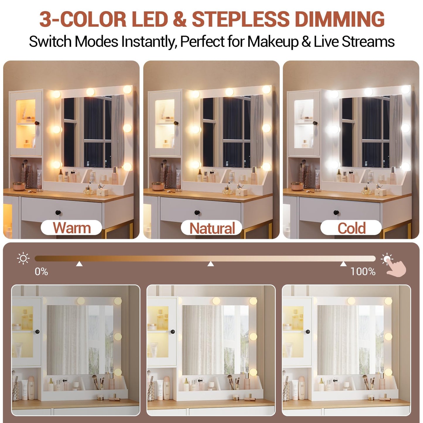 GarveeHome Makeup Vanity Desk with Mirror and Lights, Vanity Table with Charging Station, 2 Compartments, 2 Acrylic-Door Cabinets & RGB Lights, Dressing Table for Bedroom, White and Natural