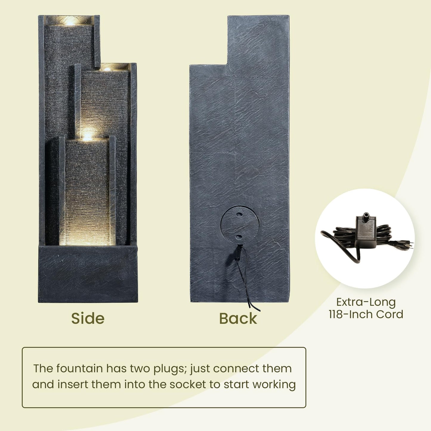 Takamota Modern Outdoor Water Fountain with Lights&Pump, Cascading Waterfall Feature Outdoor, Resin Standing Garden Fountain for Landscaping, Patio, Balconie, Yard Decor, Indoor Water Feature, Grey