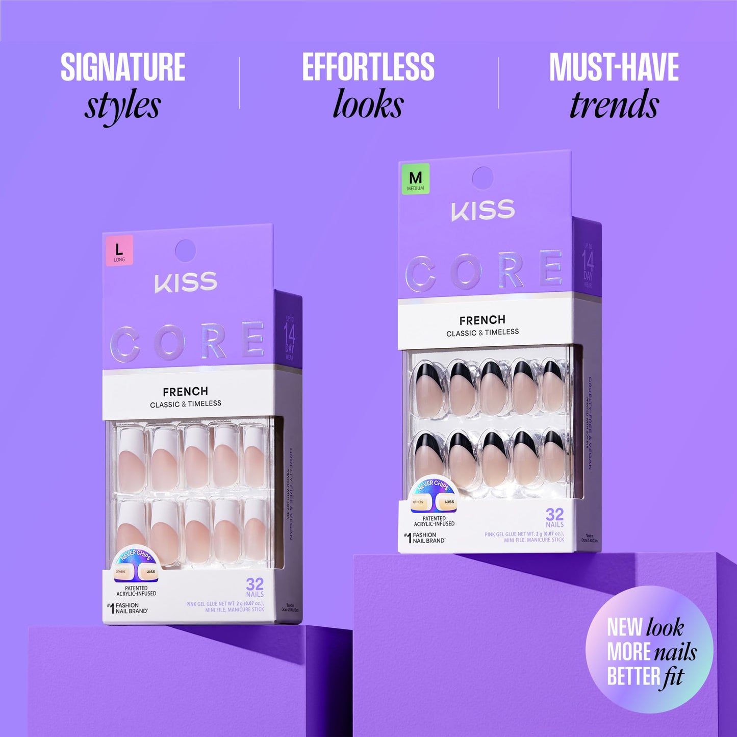 Kiss Core, Press On Nails, Nail glue included, 'Perfection', White, Petite Size, Squoval Shape, Includes 32 Nails, 2g Glue, 1 Manicure Stick, 1 Mini File