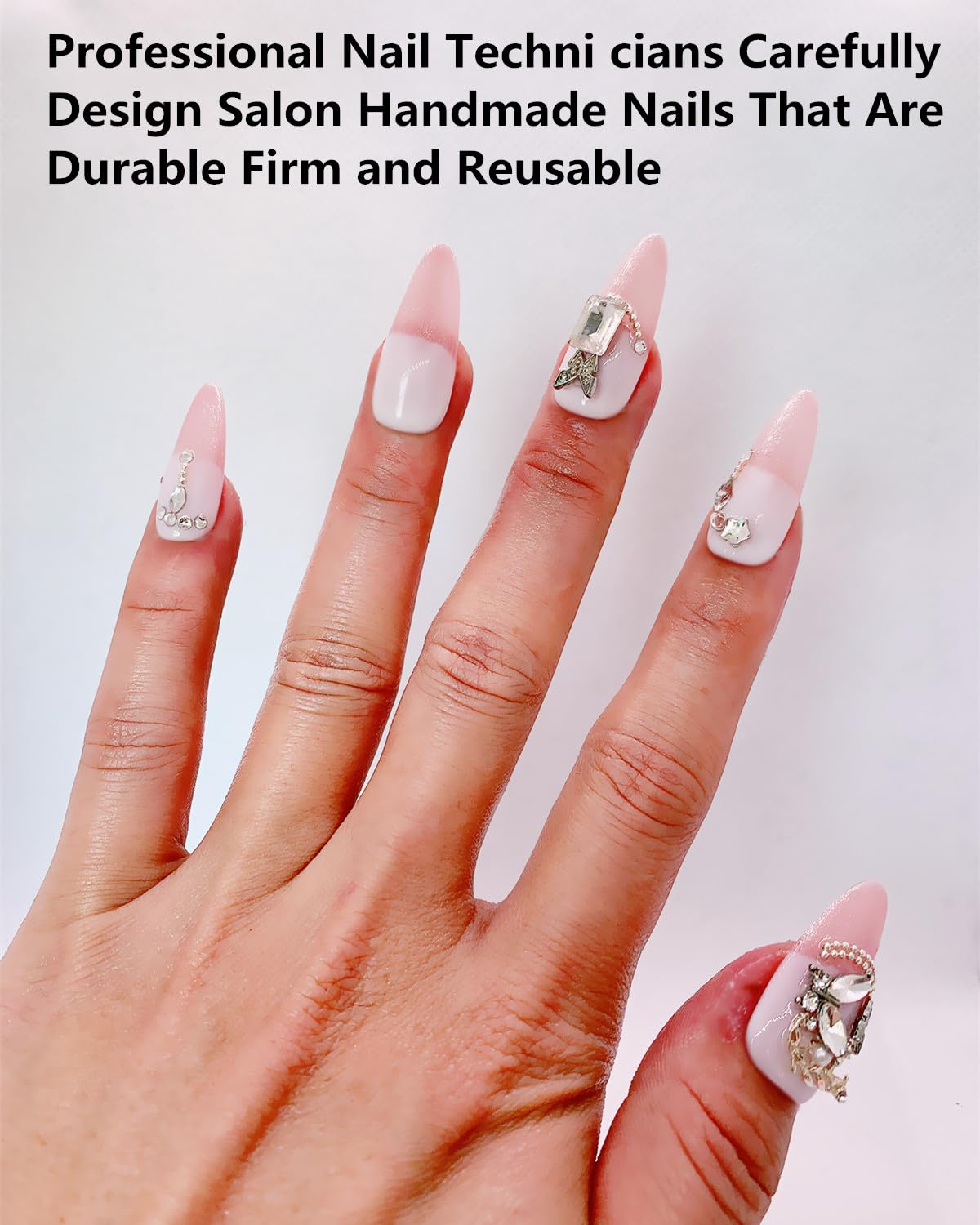 CAMILCY Press on Nails Handmade Nails Luxury Reusable Fake Nails For Girls long Almond armor pink Diamonds HandPainted Salon Loveful Design Acrylic GelUV Finished 3D Nails 10PCS (A017, M)