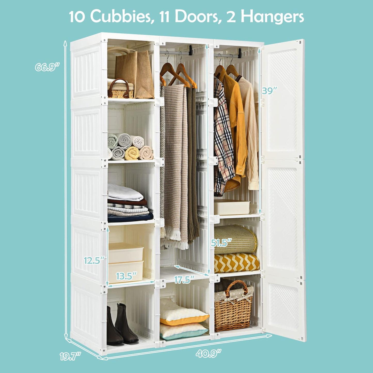 Tangkula Portable Closet Wardrobe, Foldable Clothes Organizer with Cubby Storage, Hanging Rods, Easy Assemble Clothing Storage with Magnet Doors, Folding Bedroom Armoire (10 Cubbies & 2 Rods)