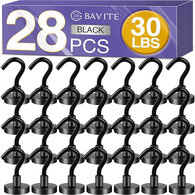 E BAVITE Magnetic Hooks,30Lb Magnetic Hooks Heavy Duty with Epoxy Coating, Magnet Cruise Hook for Hanging, Cruise, Grill, Towel, Home, Kitchen, Workplace, Office and Garage - 28 Packï¼Blackï¼