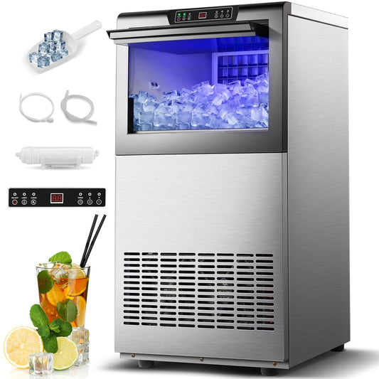 Amzgachfktch Commercial Ice Maker, 150lbs/24H Ice Maker Machine with 50lbs Ice Storage, Self-Cleaning, LED Digital Display, Blue Light, Under Counter/Freestanding Ice Machine for Home Bar Restaurant