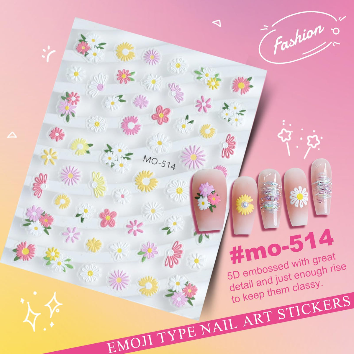 Flower Nail Art Stickers 5D Embossed Nail Decals for Nails Art Design Self-Adhesive Spring Summer Daisy Floral Leaf Plant Nail Accessories for Women Manicure DIY Art Decoration 6 Sheets YX1226