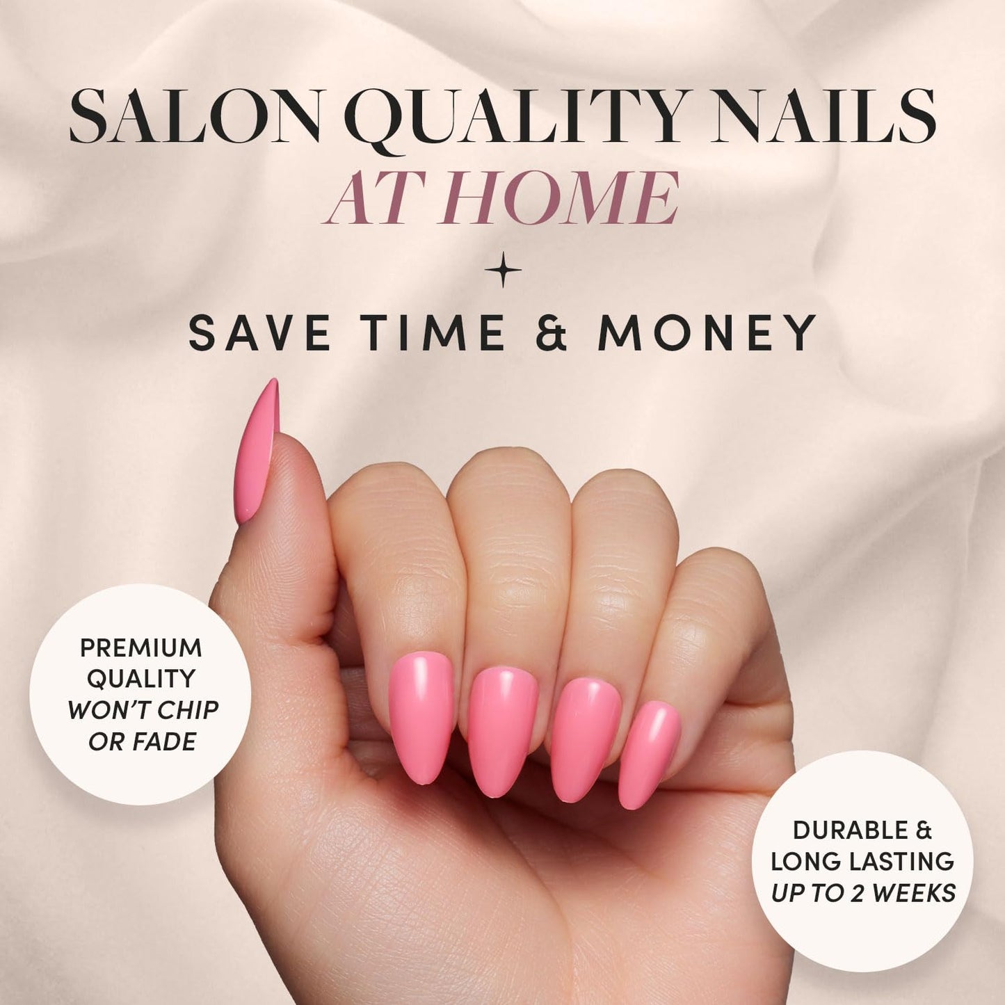 Glamnetic Press-On Nails - Flamingo Pink | Super Strong Brush On Nail Glue & Nail Adhesive Tabs | Classic Pink Short Almond Fake Nails | 15 Sizes - 30 Nail Kit with Glue & Nail Tabs