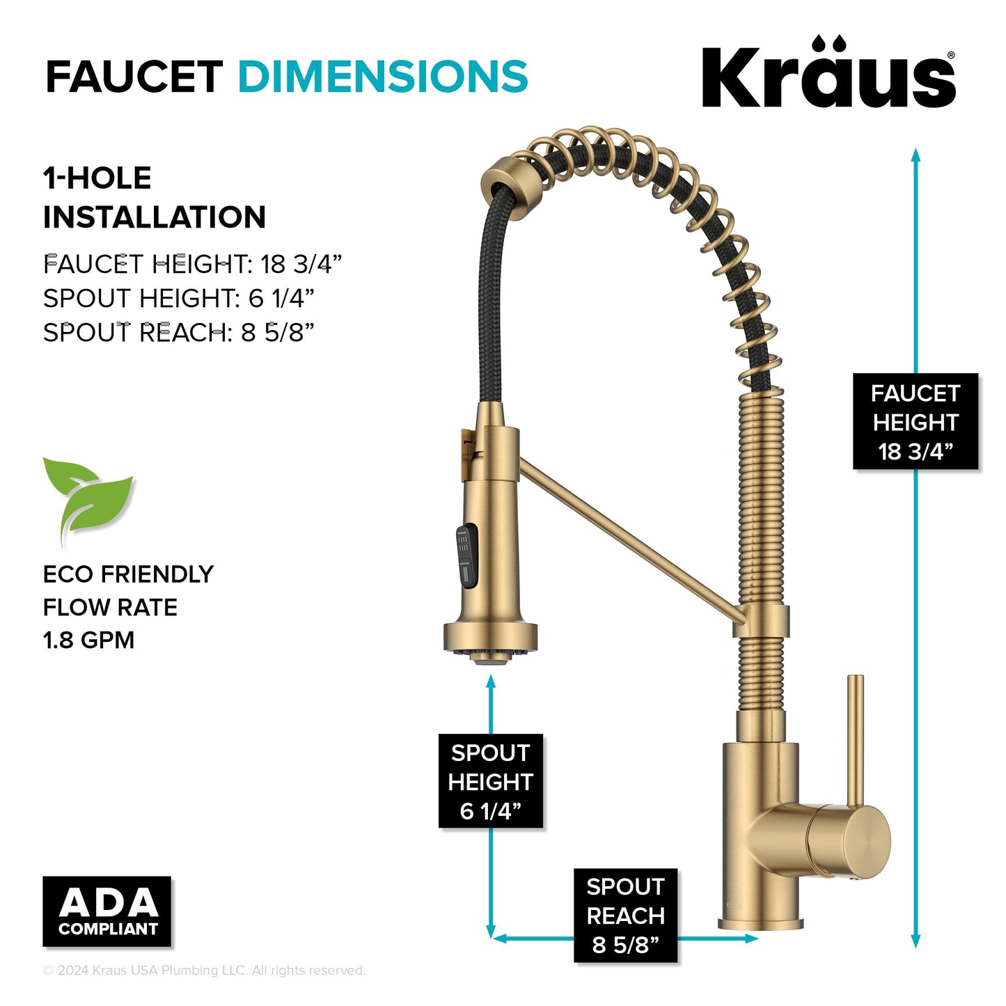 KRAUS Bolden Commercial Style 2-Function Single Handle Pull Down Kitchen Faucet in Spot-Free Brushed Brass, KPF-1610BB