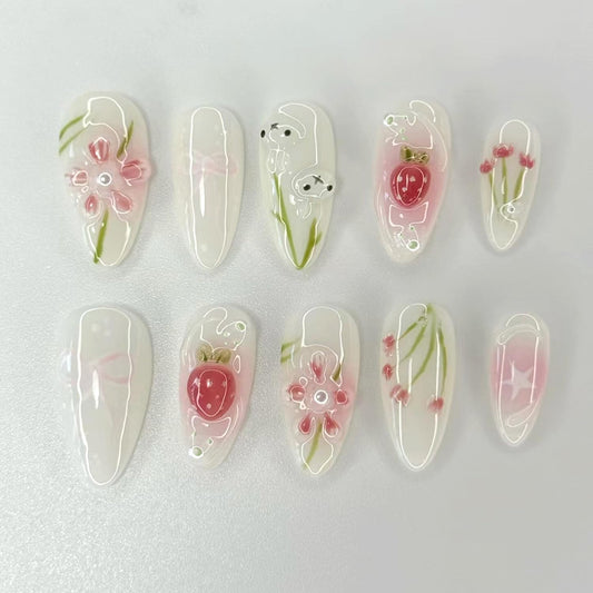 BSBTBZ Cute Rabbit 24pcs Medium Length Almond Shape Pink Flower Press On Nails with Pearls & Charms, Glossy Finish, Acrylic ABS Material, Full Cover Nail Tips, DIY Manicure, False Nails for Women