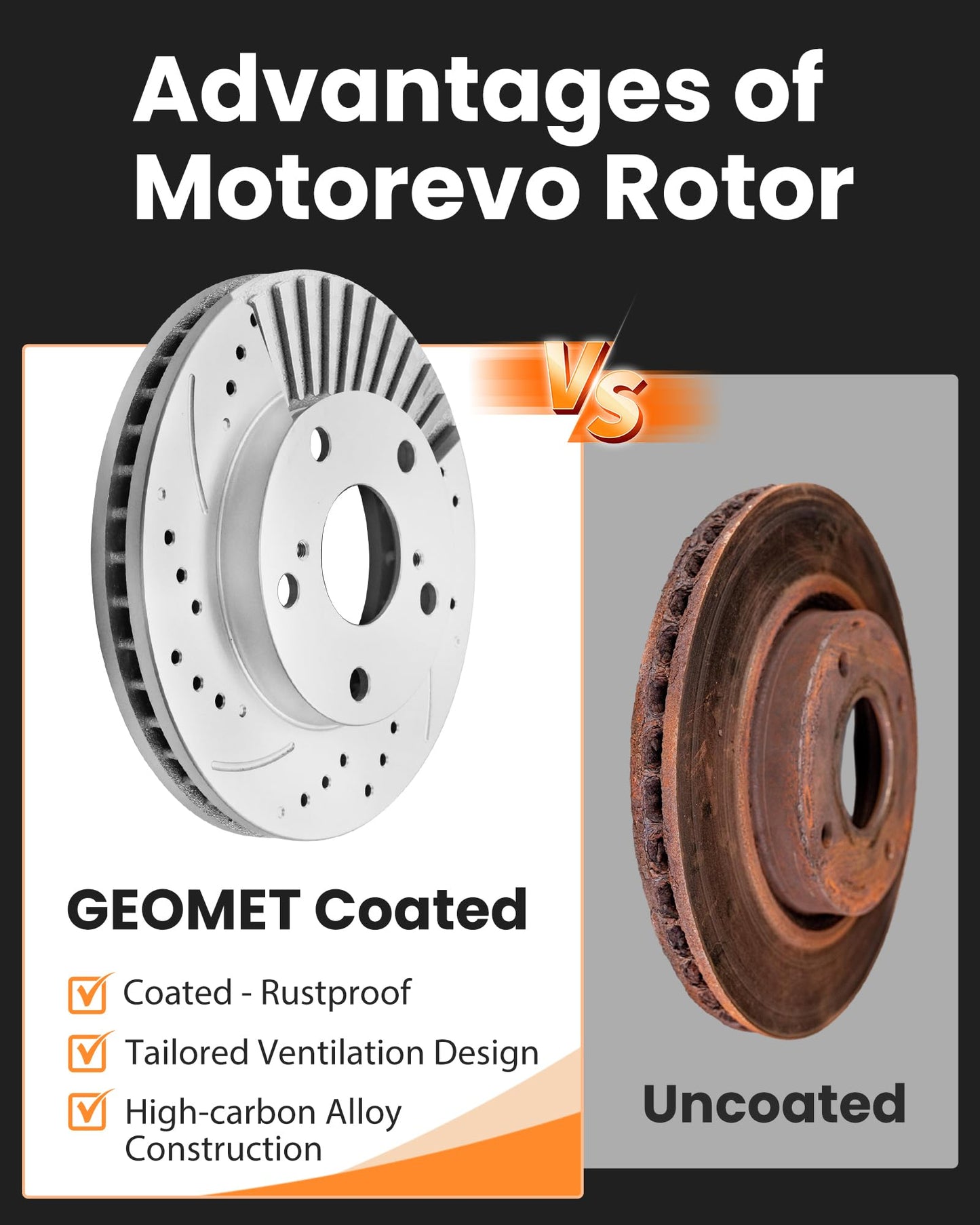 MOTOREVO Front Brake Rotors Kit for Camry [2007-2017] High-Carbon Alloy Drilled & Slotted Brake Pads and Rotors Kit | Tailored Ventilation Enhanced Braking Performance|GEOMET Coated App Universal