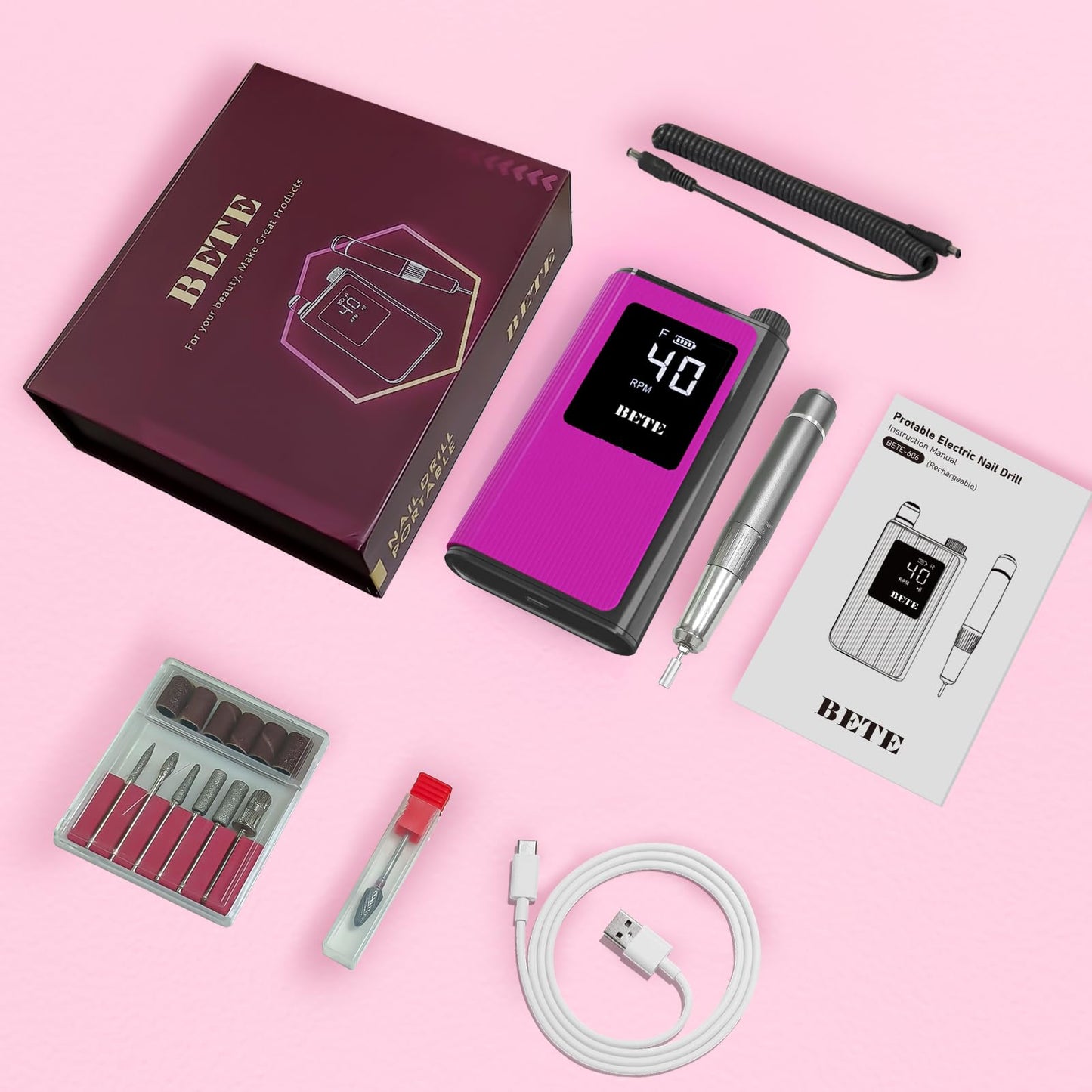 BETE Professional Nail Drill, 40000 RPM Cordless Electric Nail File Kit with 6 Bits, Rechargeable Efile for Acrylic Gel Nails Polishing, Manicure Tools for Salon Home Use, Rose Red