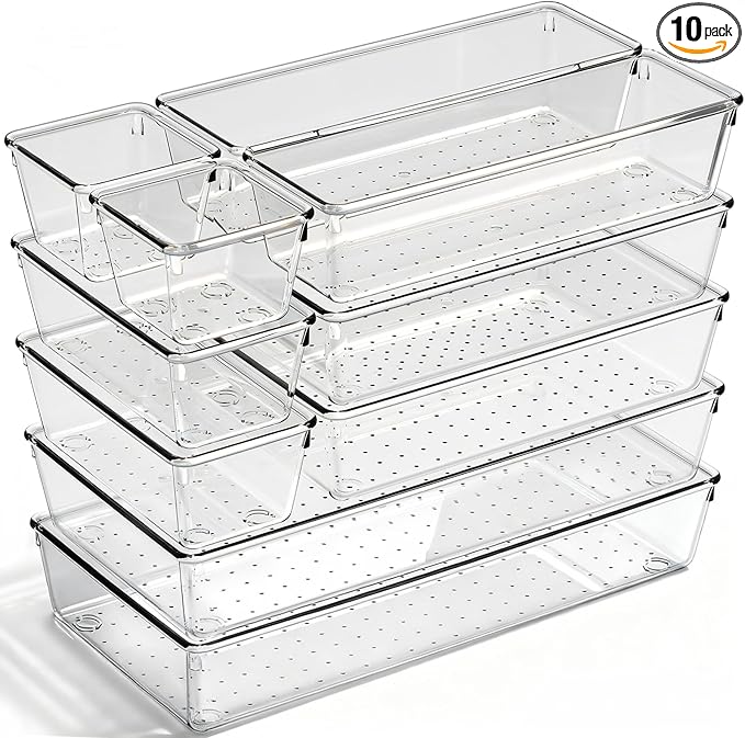 Drawer Organizer, 10 Pack Large Clear Plastic Organizer Bins 5 Sizes, Versatile Bathroom Drawer Trays, Heavy Duty NonâSlip Drawer Dividers for Makeup, Office & Kitchen Utensils