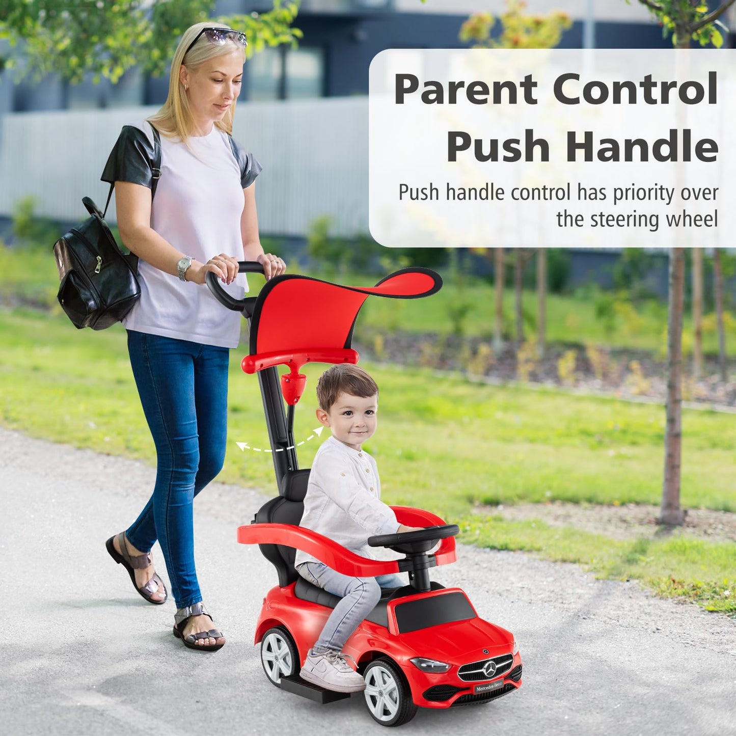 Licensed Mercedes Benz Push Car for Toddlers by INFANS, 3 in 1 Sliding Walking Car with Push Handle, Horn, Music, Underneath Storage, Foot-to-Floor Ride on Toys for Boys Girls, Red