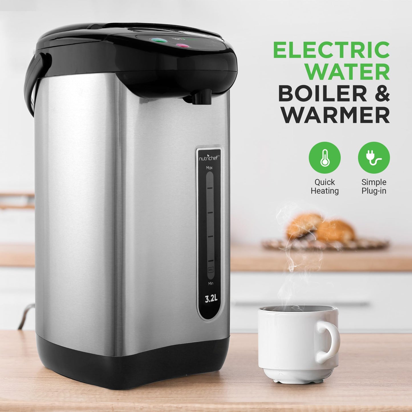 NutriChefKitchen Hot Water Urn Pot Insulated Stainless Steel,Auto & Manual Dispense,Auto Boiler,Safety Lock Shutoff 3.38 QT /3.2L - Auto Boiler Shut Off -One size