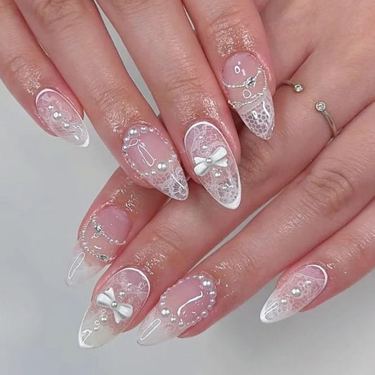 Medium Press on Nails Almond Fake Nails White Translucent Nails Press ons with 3D Bow Pearl Rhinestone Flowers Designs Artificial Stick on Nails for Women 24Pcs