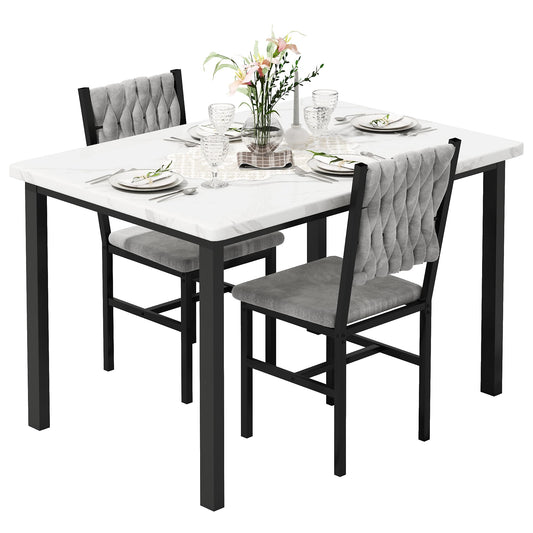 AWQM 3 Piece Dining Table Set for 2, Small Kitchen Dining Table with Upholstered Chairs, Compact Dining Table Set for Small Spaces, Space for Dining Room, Living Room, Apartment (White+Gray)
