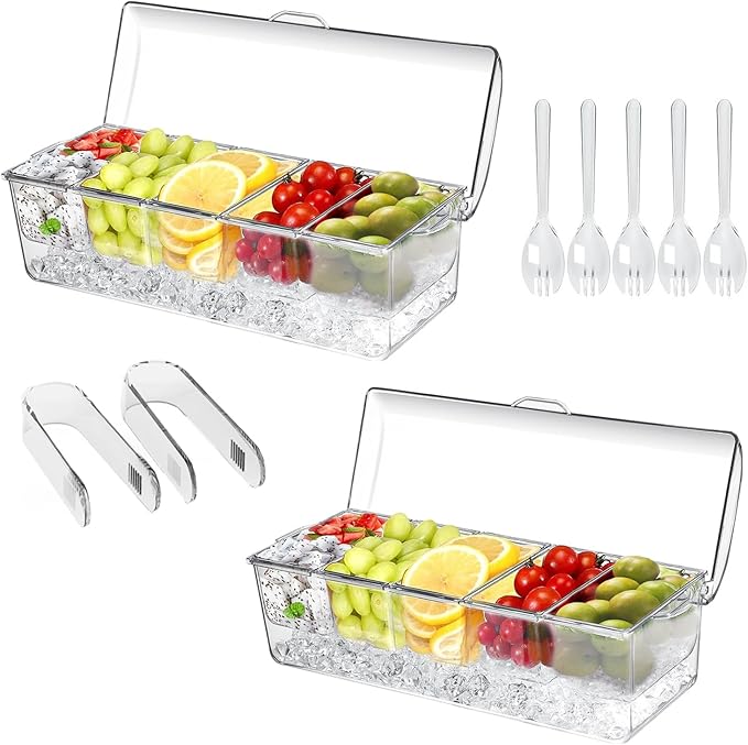 2 Pack Large Ice Chilled Condiment Caddyï¼Chilled Condiment Containers Server with Lids for 5 Removable Compartmentsï¼Serving Platters, Fruit & Garnish Tray for Party Supplies & Barï¼2 Packï¼