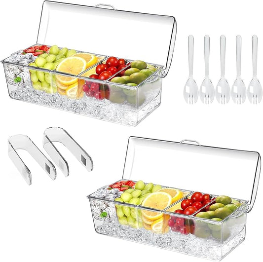 2 Pack Large Ice Chilled Condiment Caddyï¼Chilled Condiment Containers Server with Lids for 5 Removable Compartmentsï¼Serving Platters, Fruit & Garnish Tray for Party Supplies & Barï¼2 Packï¼