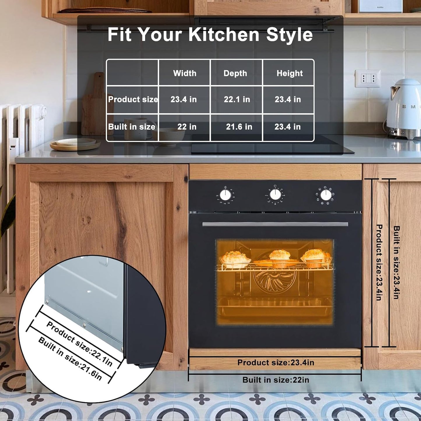 24 Inch Single Wall Oven, 2.5 Cu.ft Built-in Electric Wall Oven with 8 Cooking Functions in Stainless Steel, Mechanical Knob Control