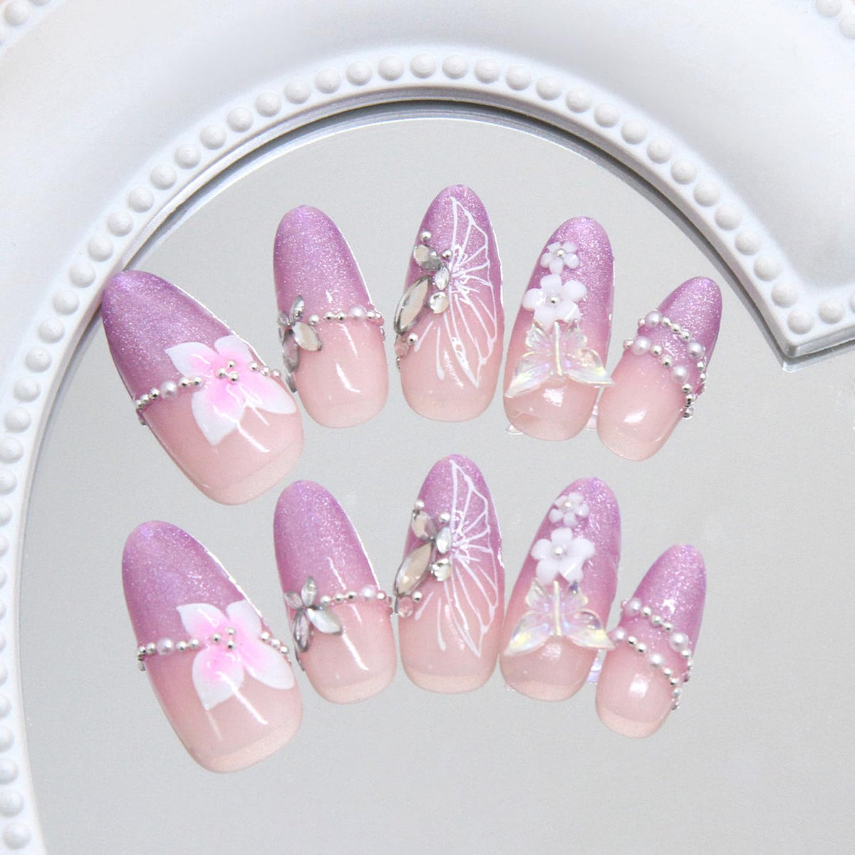 30Pcs Purple Ombre Press on Nails Medium Almond Fake Nails Press ons 3D Butterfly Rhinestone Design Shimmer Magnetic False Nails Purple Glitter Full Cover Cute Butterfly Flower Acrylic Nails for Women
