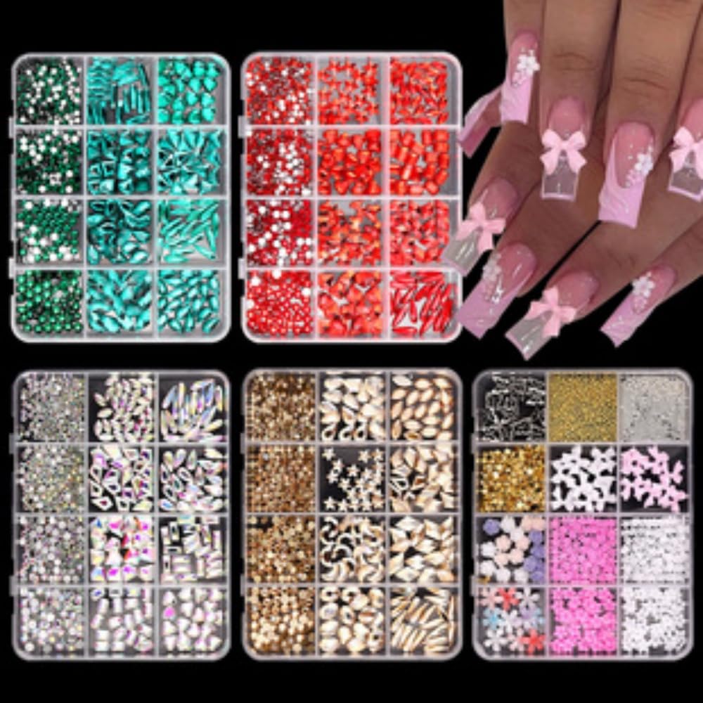 Red Nail Gems Big Glass Red Nail Charms AB Crystal Flatback Nail Jewels 3D Multi Shape Size Stones Diamonds Nail Rhinestones Clear Round Beads Gems for Nails Faces Eyes Makeup Crafts 12Grid