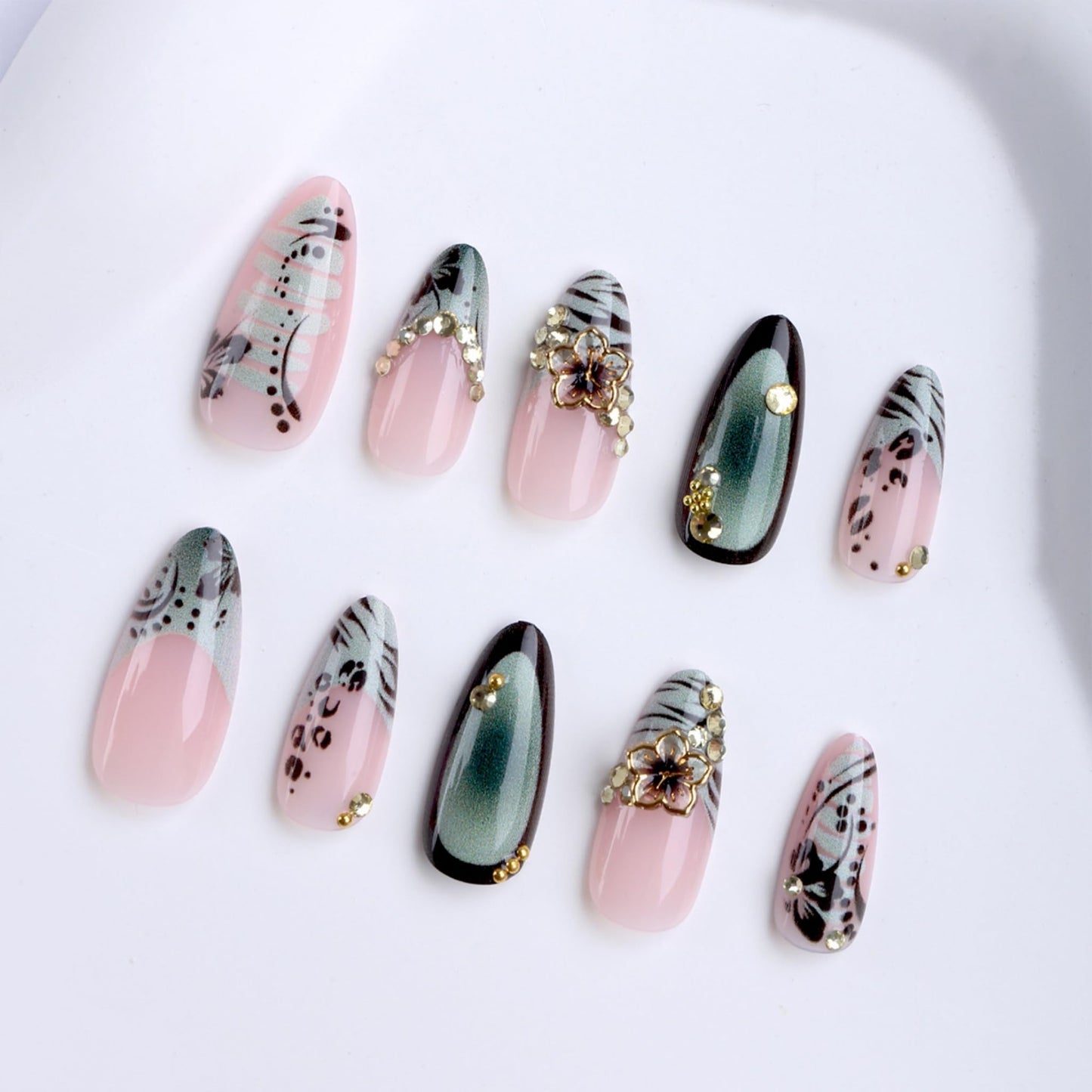 Medium Press on Nails Almond Fake Nails Green Artificial Nail Animal Print Stick on Nail with Black Tip Metal Flower Rhinestone Accent for Women 24pcs