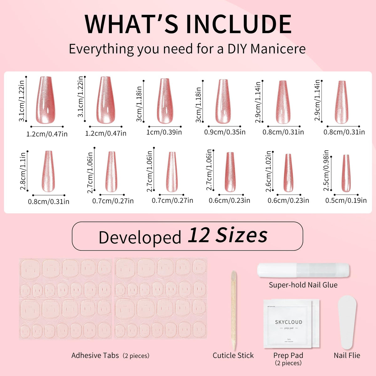 Red Cat Eyes Press On Nails,12 Sizes - 24 Pcs Soft Gel Red Long Coffin Fake Nails Kit with Nail Glue, Natural Reusable Stick On False Nails for Women and Girls SK1054