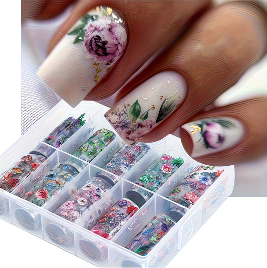 10 Rolls Flowers Plants Nail Foils Transfer Nail Art Flower Nail Stickers Spring Summer Foil Nail Art Supplies Leaves Rose Cranes Nails Foil Transfer Stickers Starry Sky Paper Manicure for Women