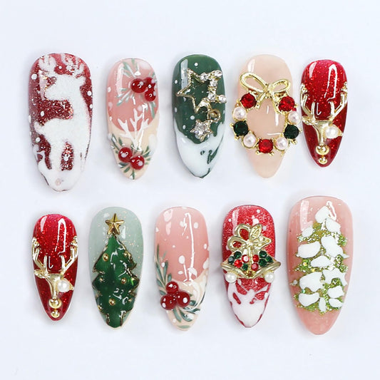 30Pcs Christmas Press on Nails Medium Almond French Fake Nails with Gold Elk Bell Star Rhinestones Design 3D Xmas Trees False Nails Full Cover Artificial Glue on Nails Winter Stick on Nail for Women
