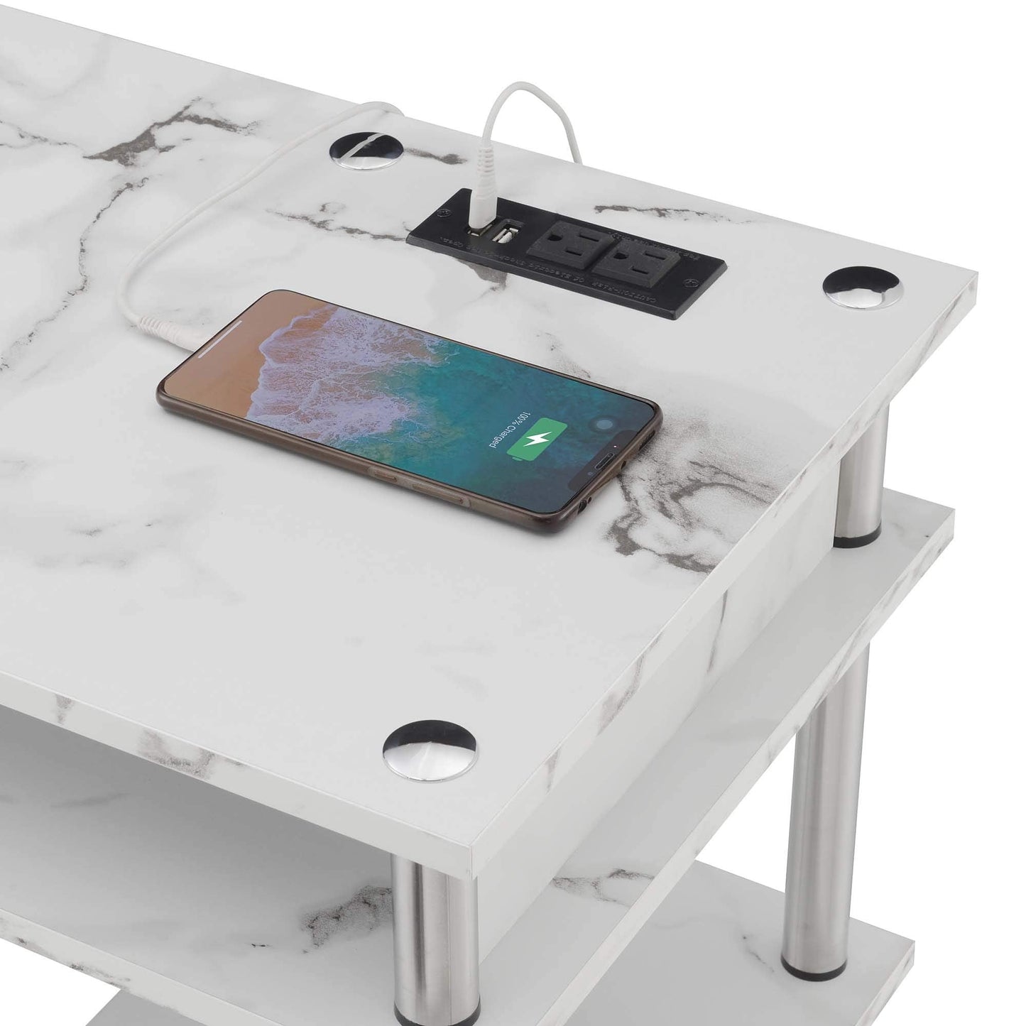 Convenience Concepts Designs2Go No Tools Student Desk with Charging Station and Shelves, White Marble