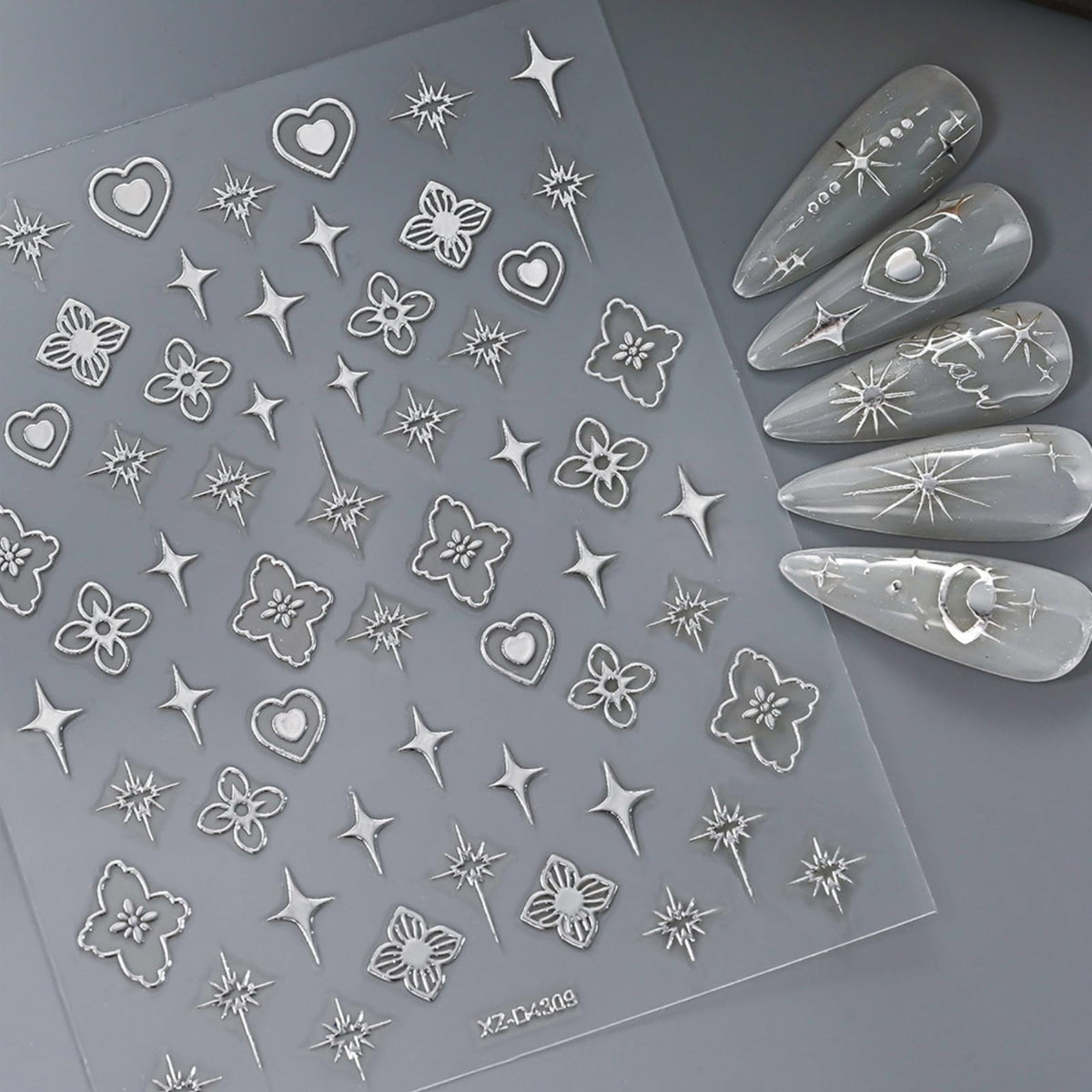 12 Sheets Bronzing Silver Nail Art Stickers, 3D Self-Adhesive Sun Moon Stars Designs Nail Sticker Acrylic Manicure Decals Decorations Accessory for Women Girls