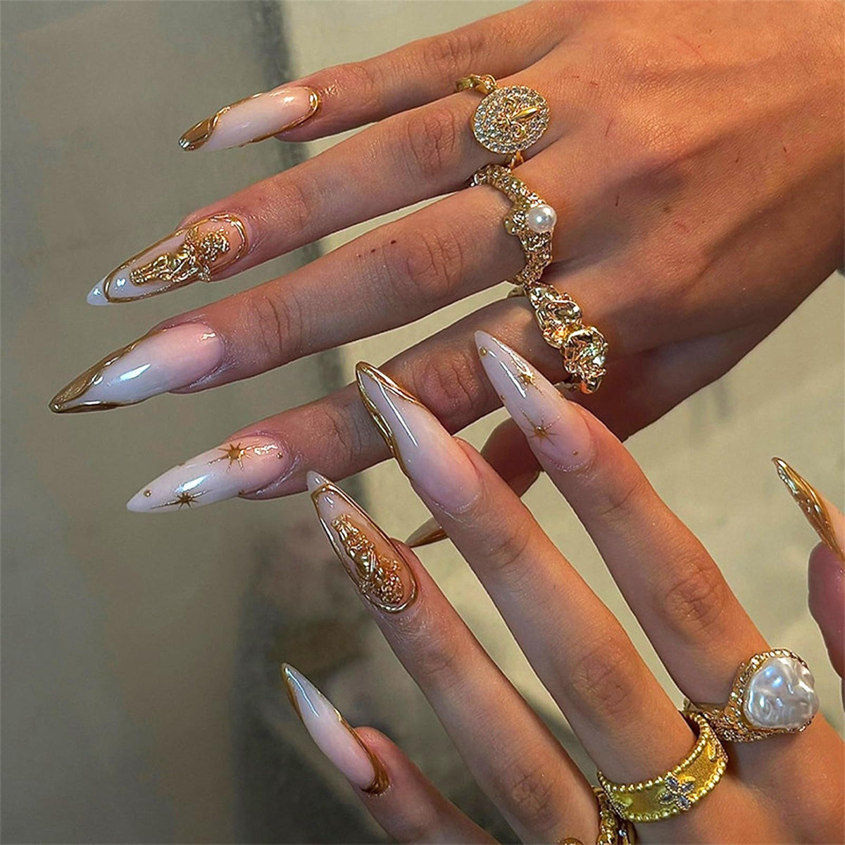 IMRAIN Long Press on Nails Stiletto Nude Blue Gradient Fake Nails 3D Golden Edge French Nail Tips Full Cover Handmade Acrylic Glossy False Nails with Angel Designs 24Pcs Elegant Manicure