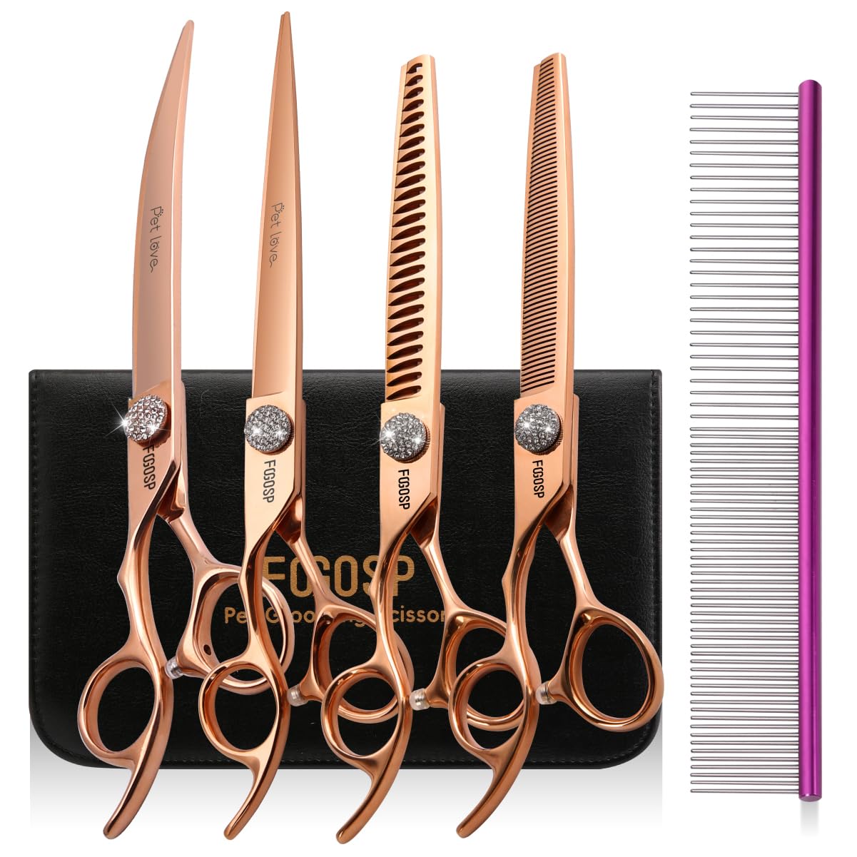 FOGOSP Left Handed Dog Grooming Scissors Set 4PCS Rose Gold Titanium Curved Thinning Straight Chunkers Shears Kit with White Artificial Diamonds Ergonomic Offset Handle Japan 440C