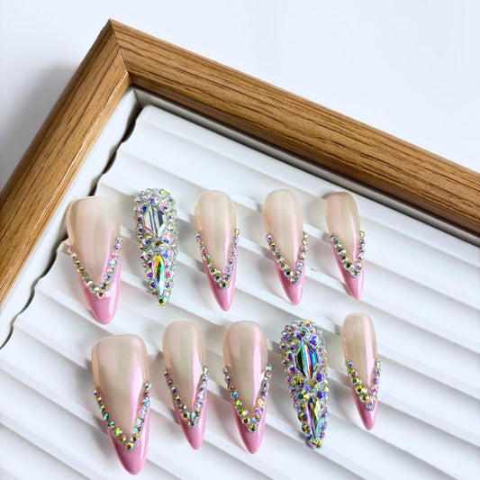 Yabonica Handmade French Tip Press On Nails Stiletto,10Pcs False Nails Press Ons with 3D Bling Rhinestones Design,Long Lasting&Reusable Glue On Fake Nail for Woman Girls Party Daily Wear (039PinkM)